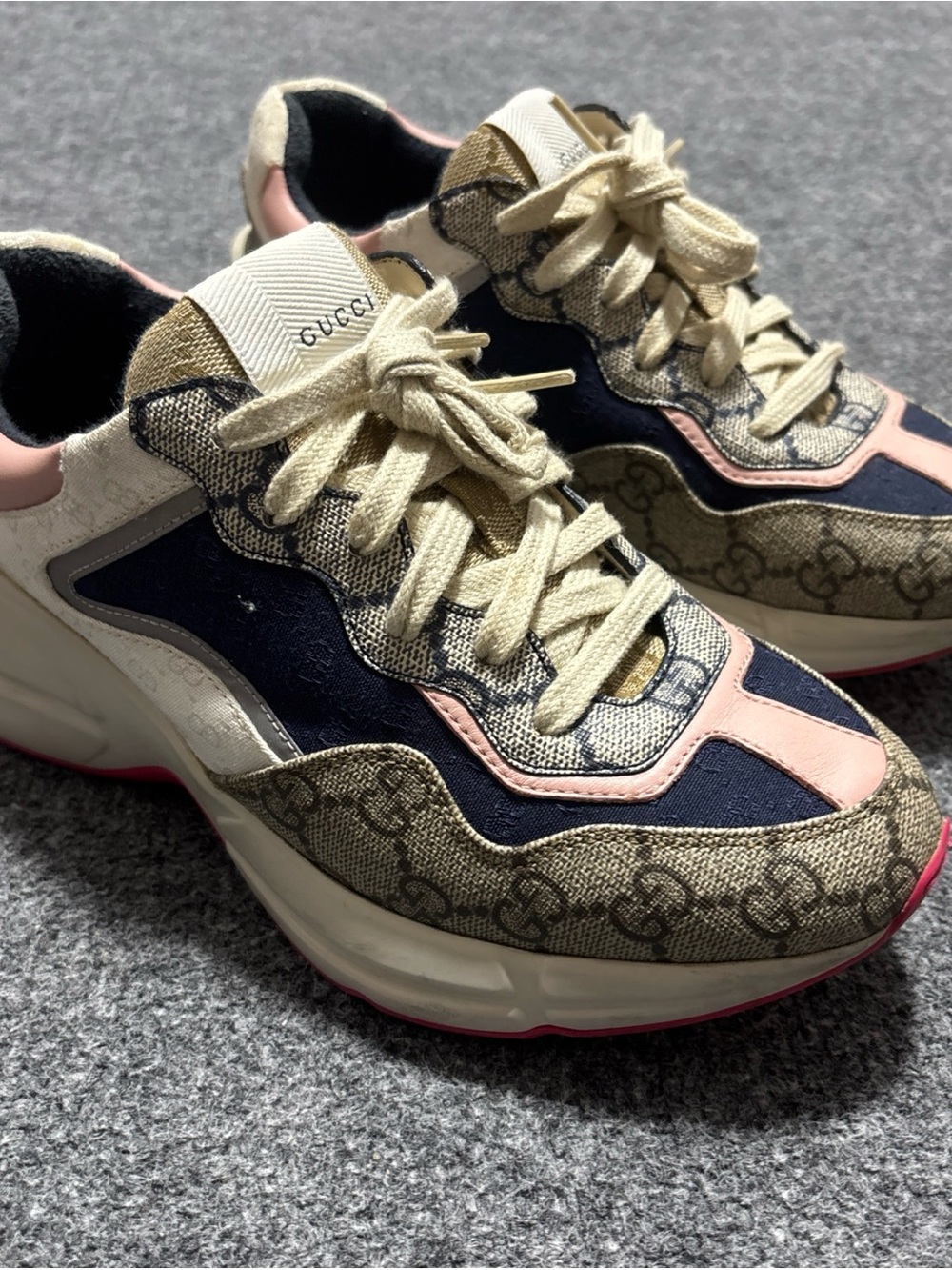 Size 36 - GUCCI Rython Canvas Pink Navy Blue Chunky Women Luxury Sneakers